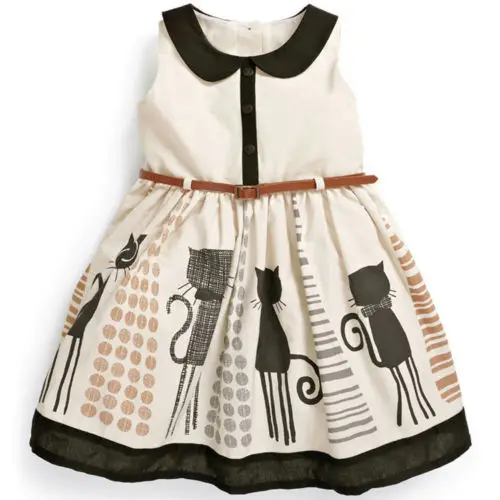 Baby Girls Kleding Cute Casual Sleeveless Color Cat Cartoon Print Dress Peter Pan Collar Kids Clothes | Детская одежда и обувь