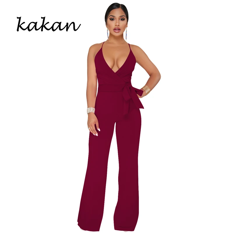 

Kakan 2019 summer new women's jumpsuit classic solid color strap V-neck jumpsuit bow back wide leg jumpsuit
