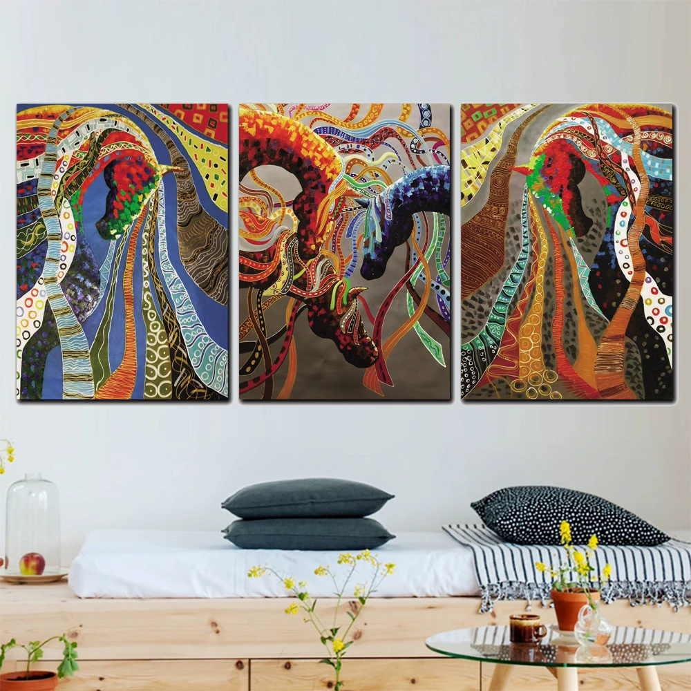 Красочные лошадь 3 комплекта абстрактные рисунки на холсте картины для гостиной
