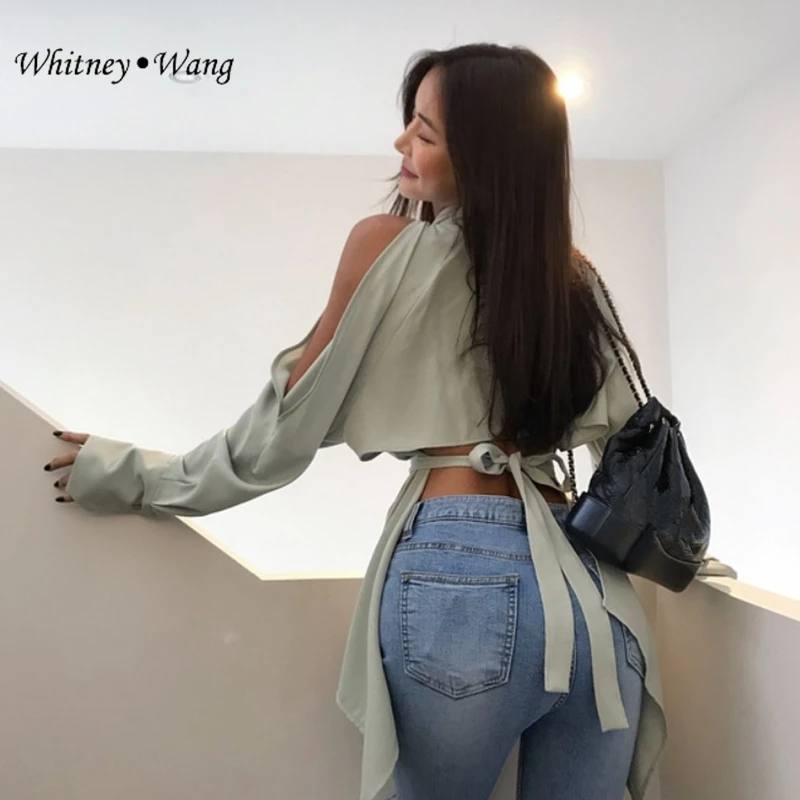 WHITNEY WANG 2019 Весенняя модная Уличная Сексуальная блуза с разрезом на спине бантом и