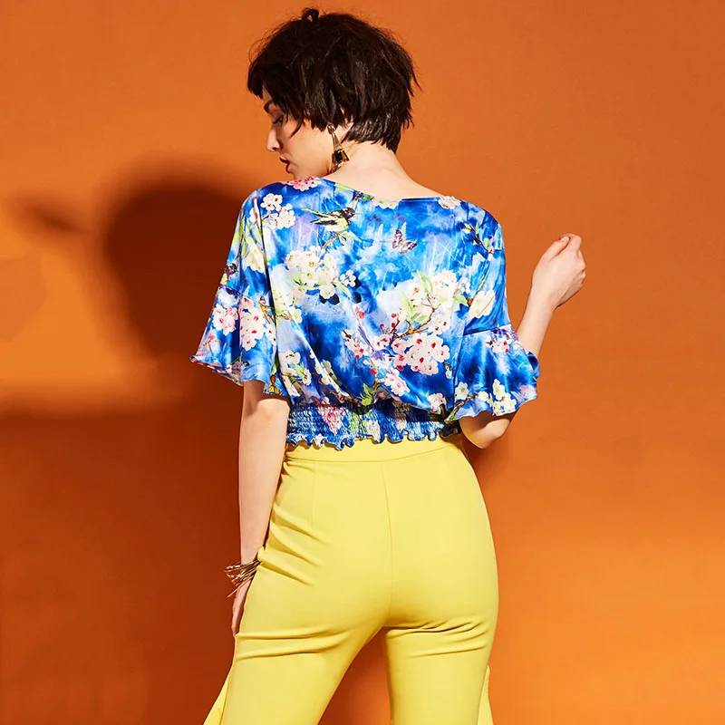 Women 2018 Spring Shirt Butterfly Sleeve Floral Ruffles Vacation Round Neck Lady Summer Fashion Casual Shirts |