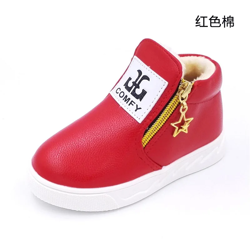 red cotton shoes Детские зимние ботинки; коллекция года; сезон осень-зима; детская хлопковая обувь; Плюшевые кожаные ботинки для мальчиков и девочек; модные детские Ботильоны на молнии - Цвет: red cotton shoes