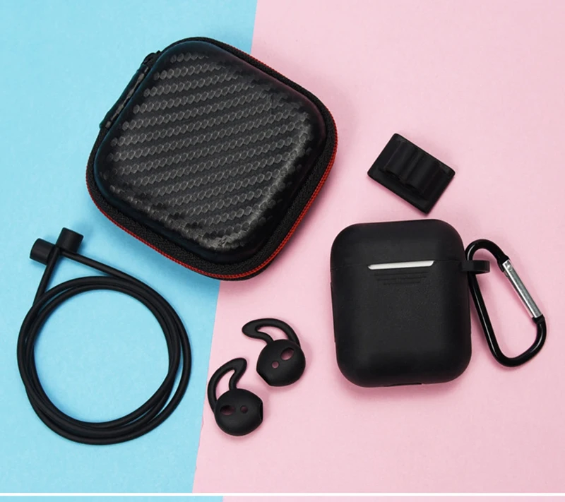 6 pcs In 1 Sets Silicone Protective Accessories Kits for Airpods 1 2 Case Ring Strap Hook Winder Holder Box Set Earpods Cover