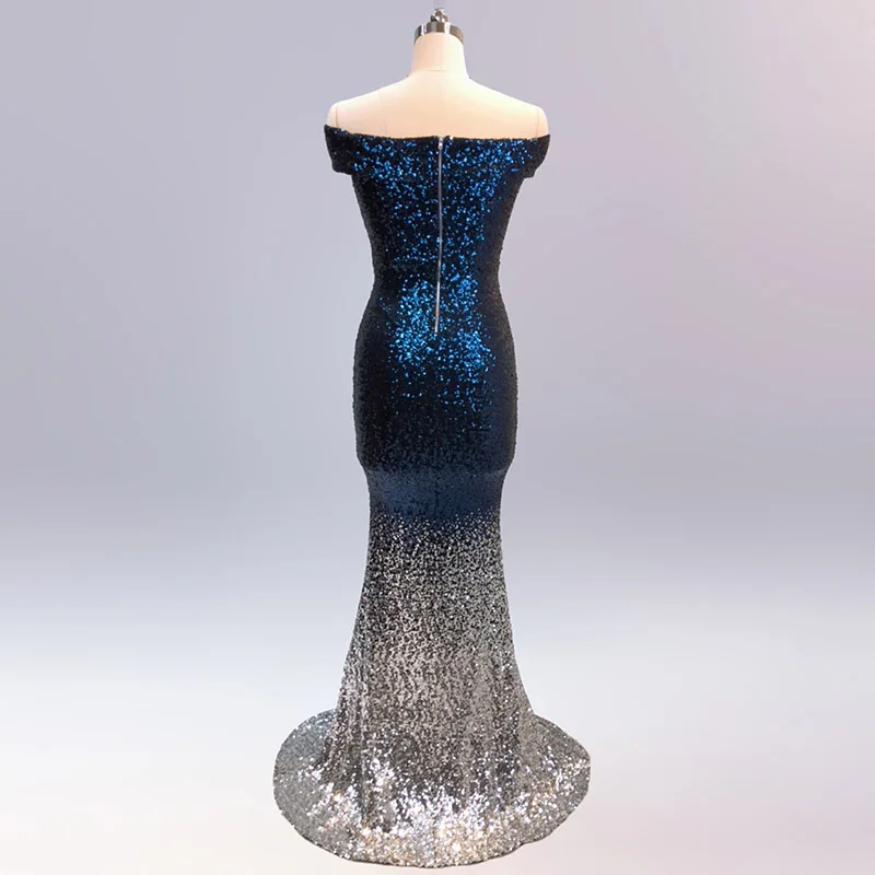 Роскошное синее и серебряное градиентное платье с блестками вырезом лодочкой