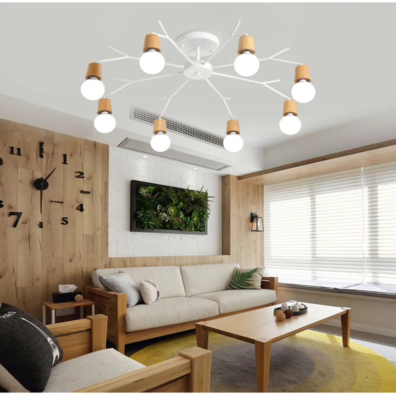 

3/5/8 Heads Modern Living Room Restaurant Bedroom LED Ceiling Lamp Wrought Iron Dining Room Bar Wooden Ceiling Lights Fixtures
