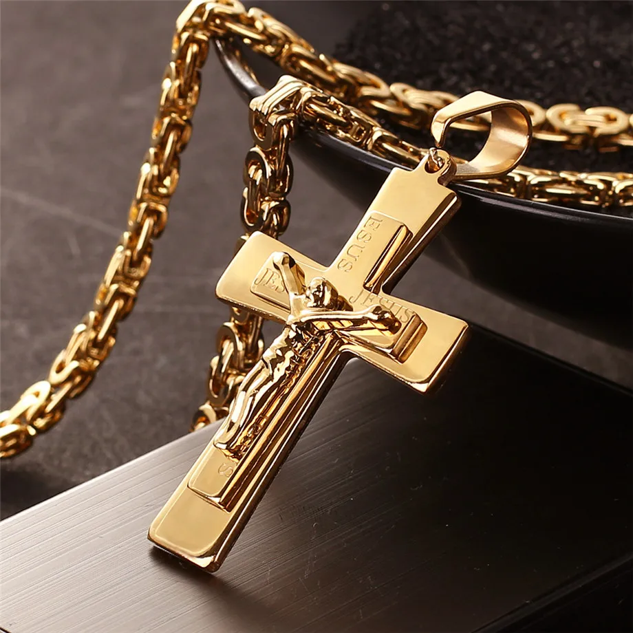 Купи Men's Necklace Big Cross Pendant & Chain Mens Gold Color Stainless Steel Christian Necklaces Male Iced Out Bling Jewelry за 903 рублей в магазине AliExpress