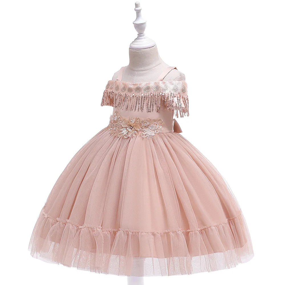 

2021 Shoulderless Mesh Princess Ball Gown Flower Girl Dresses Beaidng Tassel Design Little Girls Dresses For Wedding Party Prom