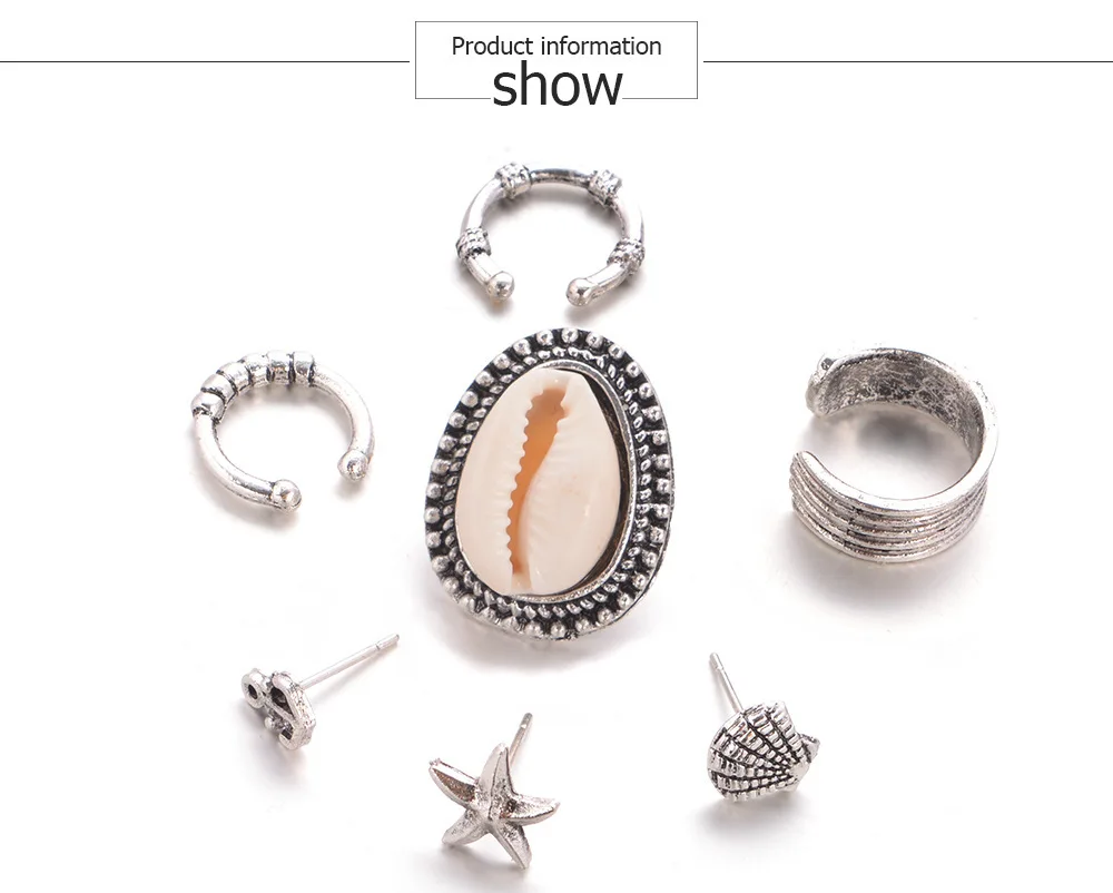 

Fashion Shell Stud Earrings Set For Women 7pcs/Set Tibetan Silver Color Color Hook Earrings Boho Punk Jewelry Oorbellen