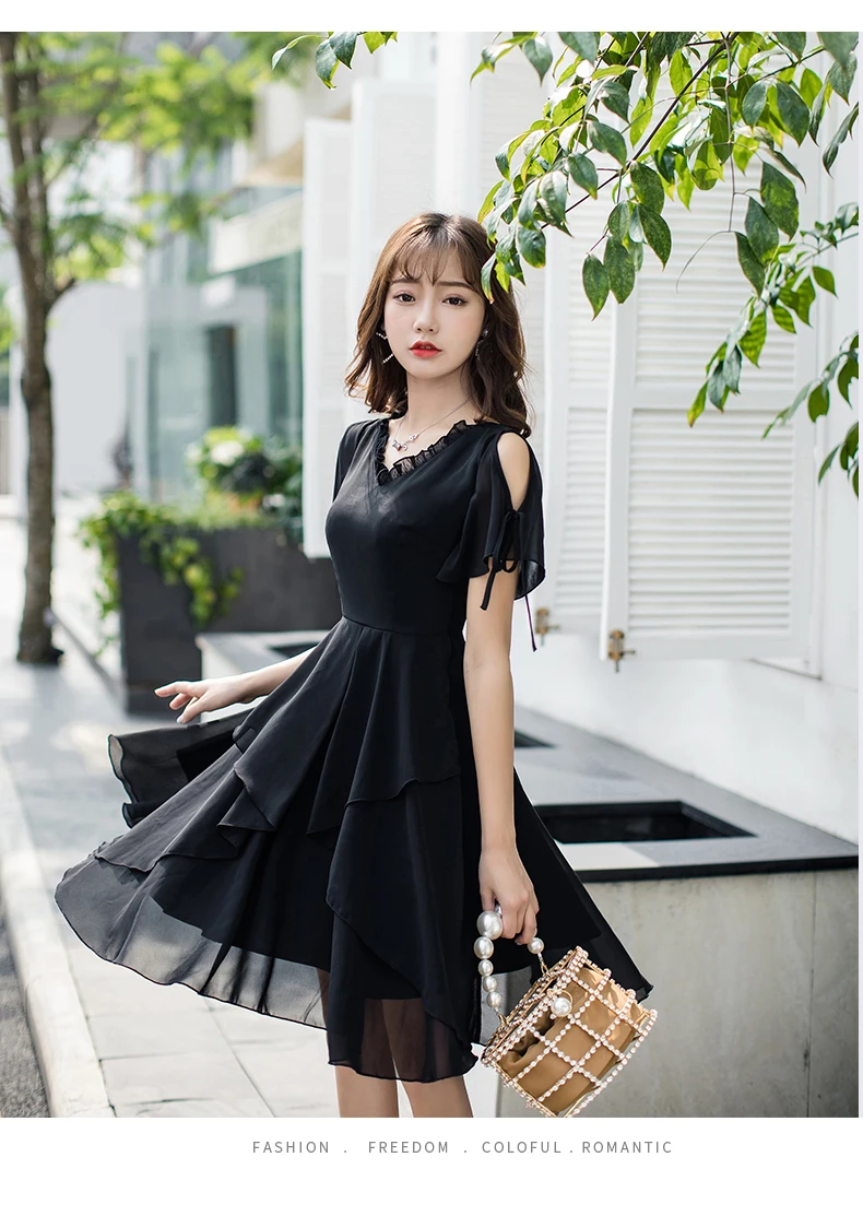 Летнее милое шифоновое платье элегантное средней длины с v-образным вырезом и