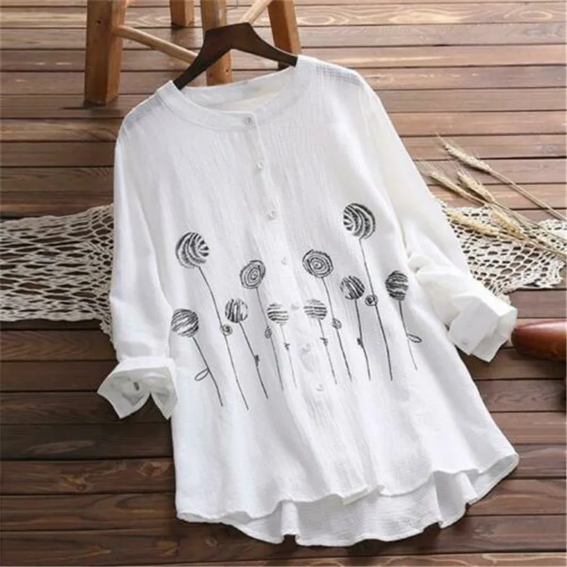 

Women Cotton Tops Long Sleeve Tunic Blouse Flower Print Shirts Plus Size XL-5XL