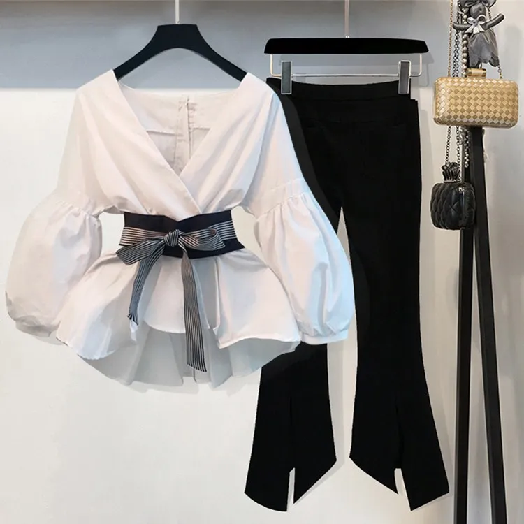 Блузка с рукавами фонариками и брюки клеш летние тонкие комплекты из двух