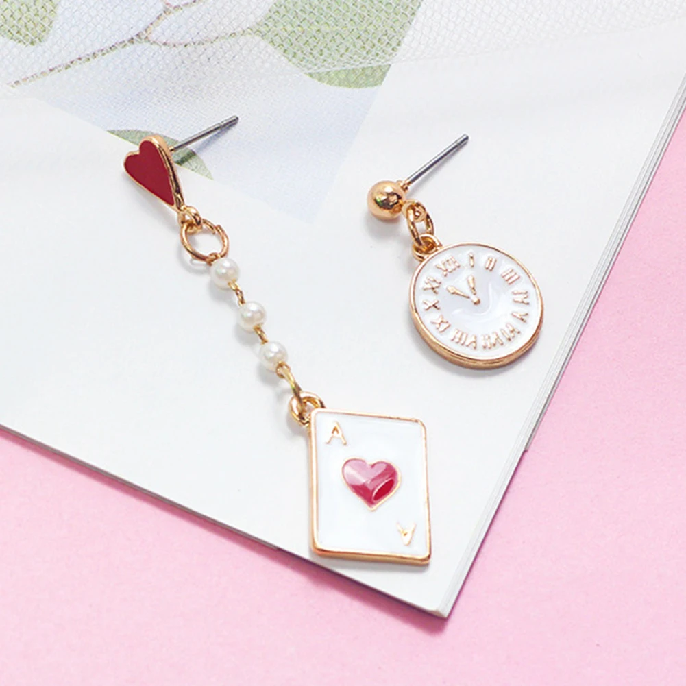 Chic Poker Clock Heart Charm Faux Pearl Asymmetrical Stud Earring Women Jewelry Asymmetric Design Of Alloy Artificial Bead | Украшения и
