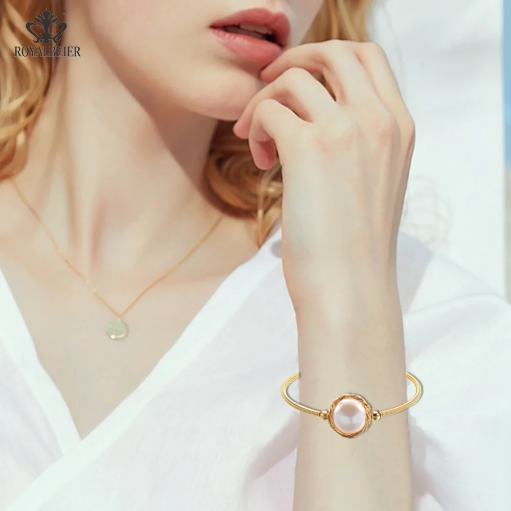 Женские браслеты из натурального жемчуга RoyalBeier круглые с открытым золотом и