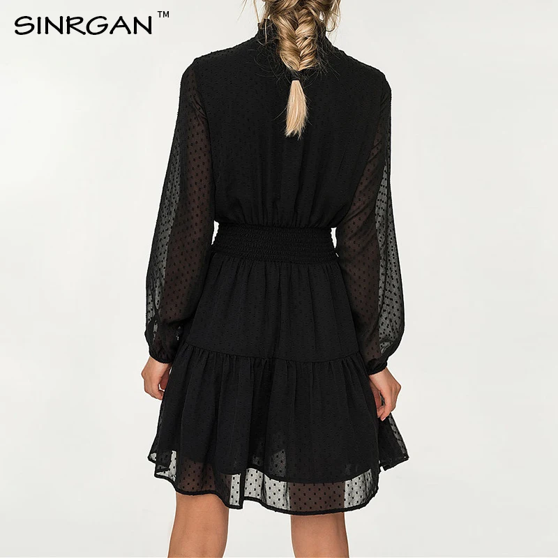 SINRGAN Черные зашнурвка мини платье женщины vestidos с длинным рукавом упругой талии