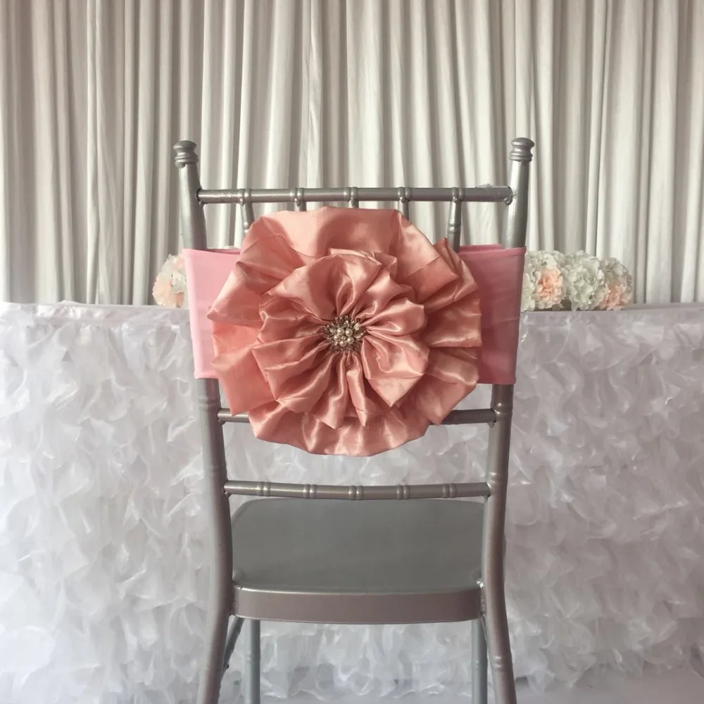 Hot Sale 50pcs or 100pcs White Pink Miracle Taffeta Big Flower With Brooch Spandex Chair Band for Wedding Party | Дом и сад