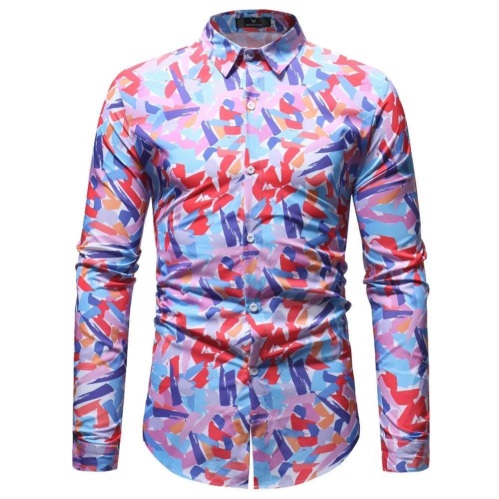 Mens Graffiti Prinded Floral Shirts 2018 New Brand Fashion Long Sleeve Shirt Casual Top Business Men Clothes Plus Size | Мужская одежда