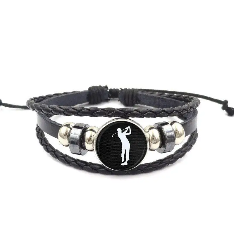 EJ Glaze Black Leather Bracelet Bangle Glass Cabochon Vintage Statement Fashion Jewelry For Men Women Gift Golf Player | Украшения и