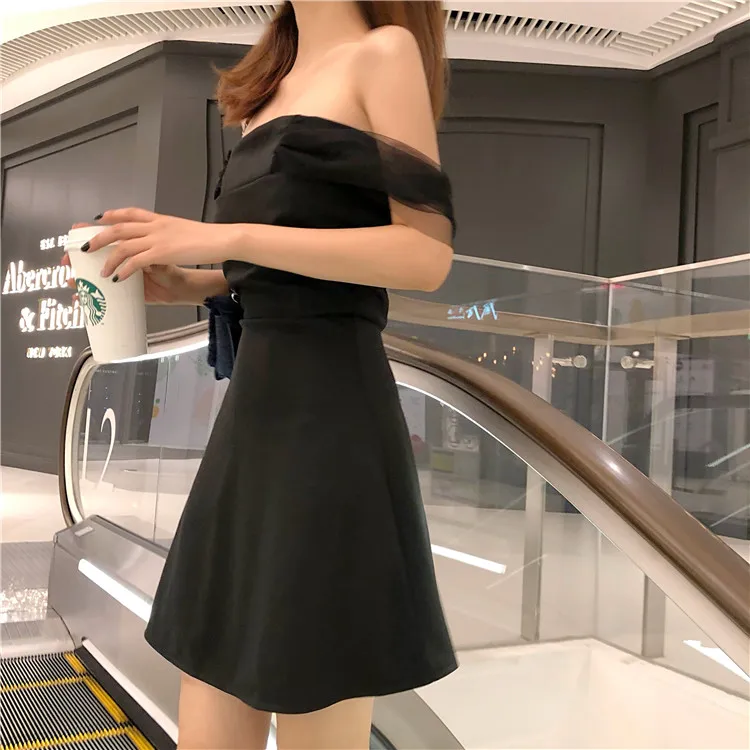 Lychee девушки с открытыми плечами сетки женское платье Slash шеи короткий рукав