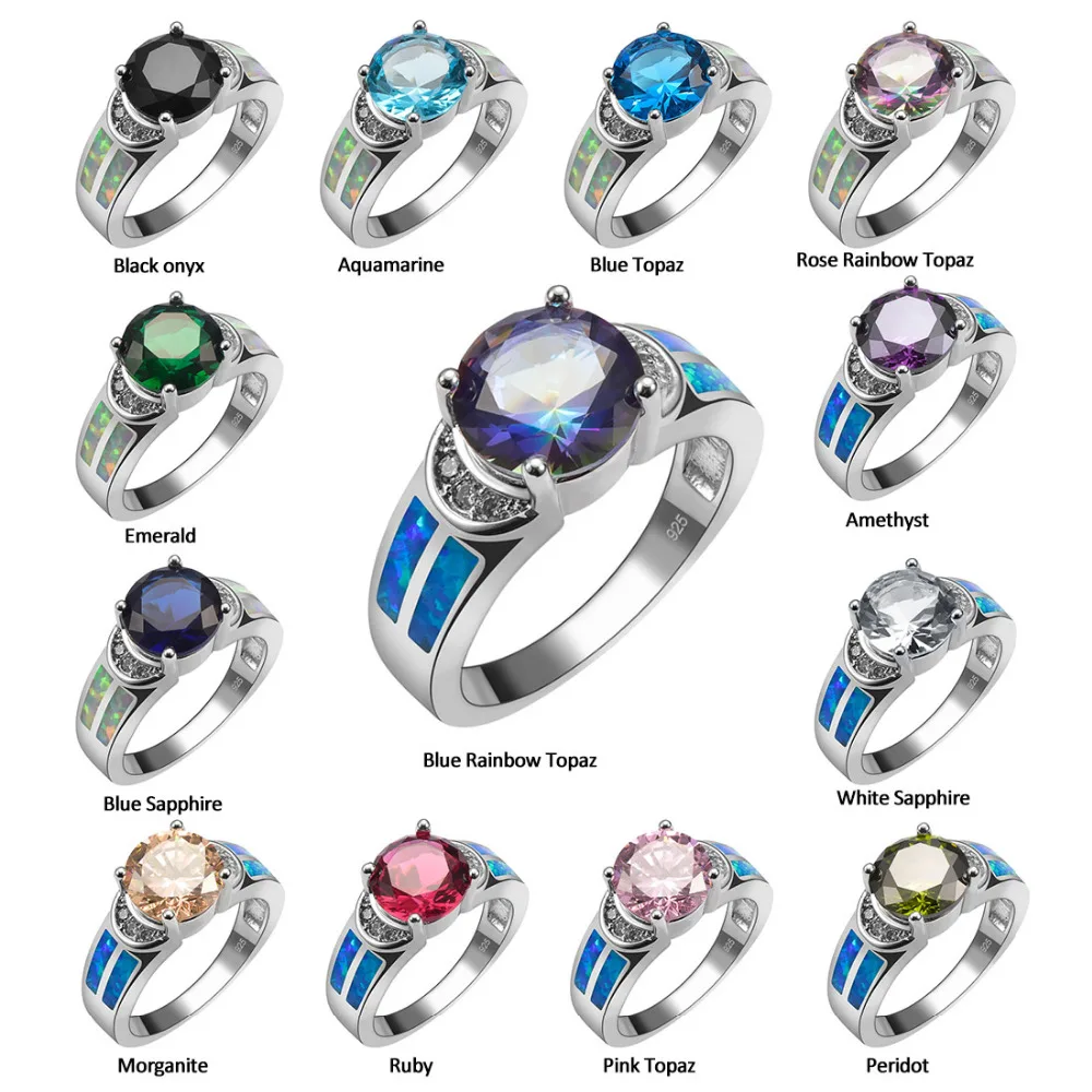 Кольцо из серебра с фиолетовым кристаллом циркона и голубым огненным опалом