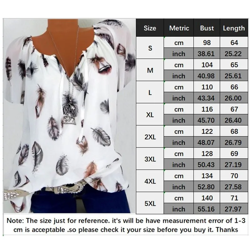 

S-5XL Chiffon Blouse V Neck Feather Print Short Sleeve Shirt Casual Womens Tops and Blouses Plus Size blusas mujer de moda 2019