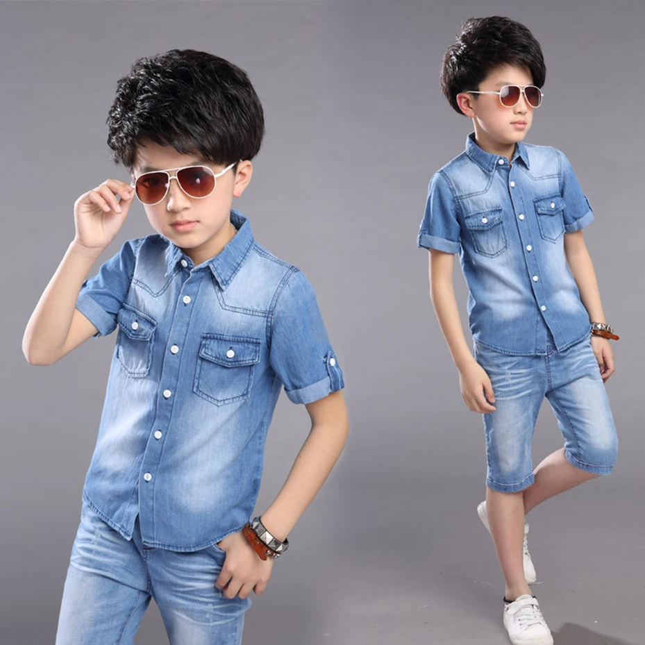Summer Kids Clothes Denim Blouse+Light Straight Pants Casual Boys Sets Teenage Children's Clothing For 4 6 8 10 12 13 Years | Детская