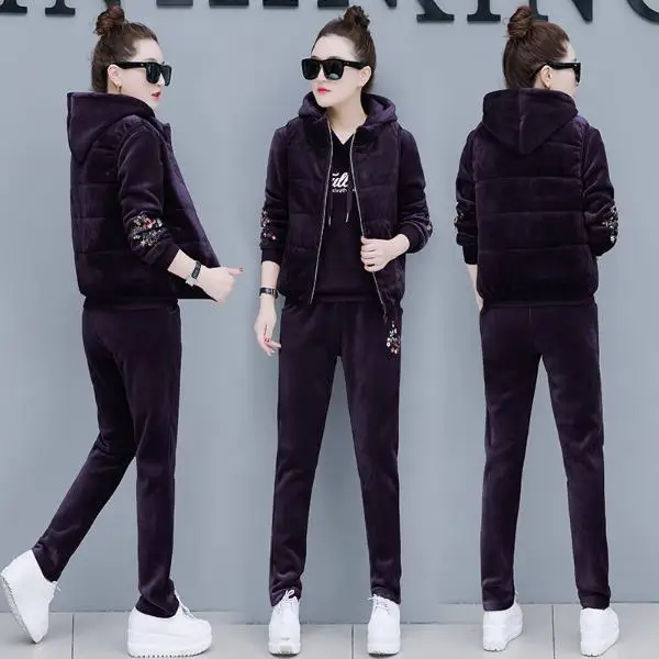 Gold velvet sweater suit female winter plus thickening new fashion casual jacket vest three-piece A |