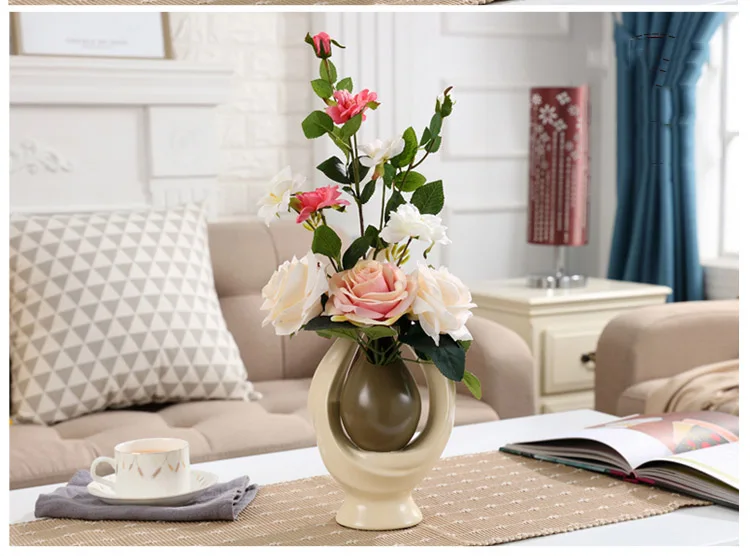European Creative Ceramic Vase+Artificia Flower Ornament Decoration Modern Home Furnishing Crafts Decor Fake Flower Arrangement