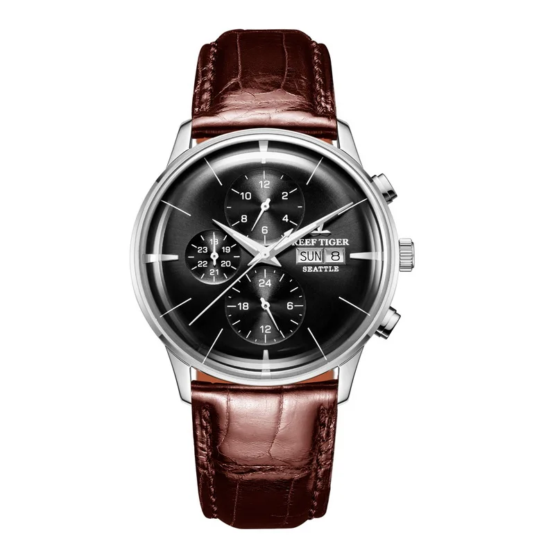 Reef Tiger Classic Serier RGA1699 мужские модные деловые часы с двойным календарем автоматические механические наручные часы-серебро