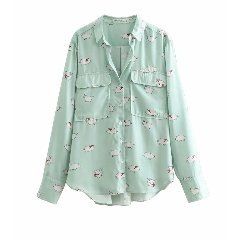 2019 новые женские милые поросенок печати два кармана блуза дамы chic Длинные рукава