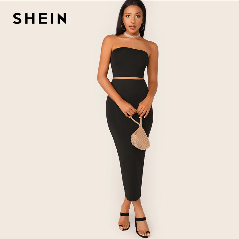 SHEIN/черный однотонный укороченный топ и длинная юбка-карандаш, комплект из двух предметов, приталенная Женский комплект 2 шт., Летний Эластичный обтягивающий комплект из двух предметов в стиле бохо