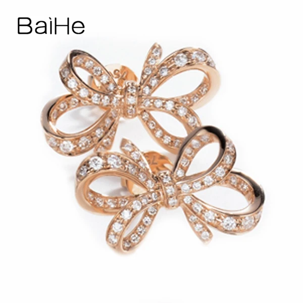 BAIHE Твердые 14 к желтое золото 0.32ct H/SI натуральные бриллианты свадебные женские модные ювелирные украшения красивый бант серьги-гвоздики с бриллиантами