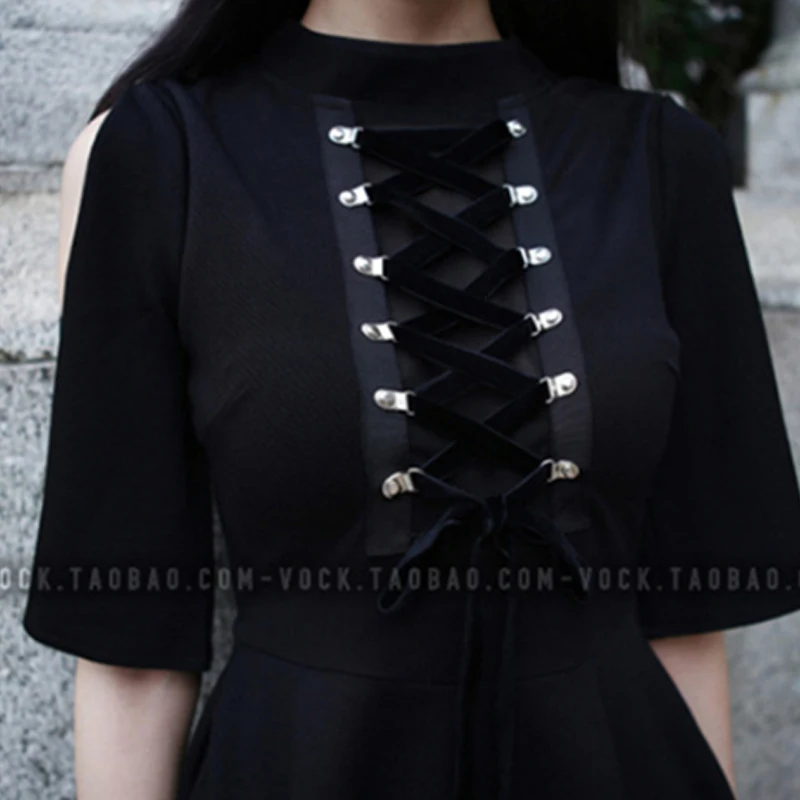 Готическое женское черное платье с лентами в стиле Харадзюку панк перекрестными