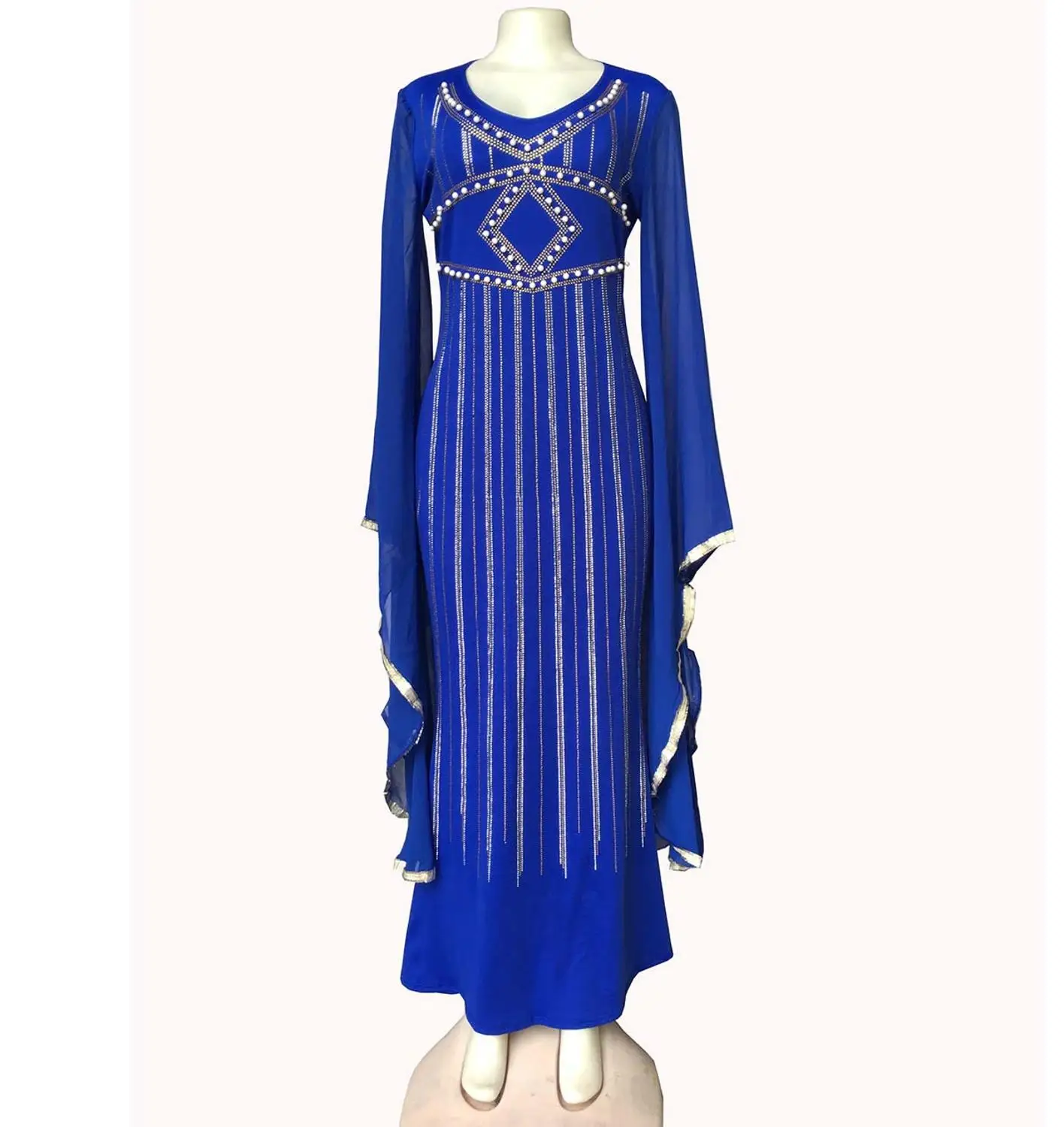 Классическое африканское женское платье Dashiki Abaya стильной моды с горячим дрелью из шифона с большими рукавами, узким хвостом и длинной юбкой.