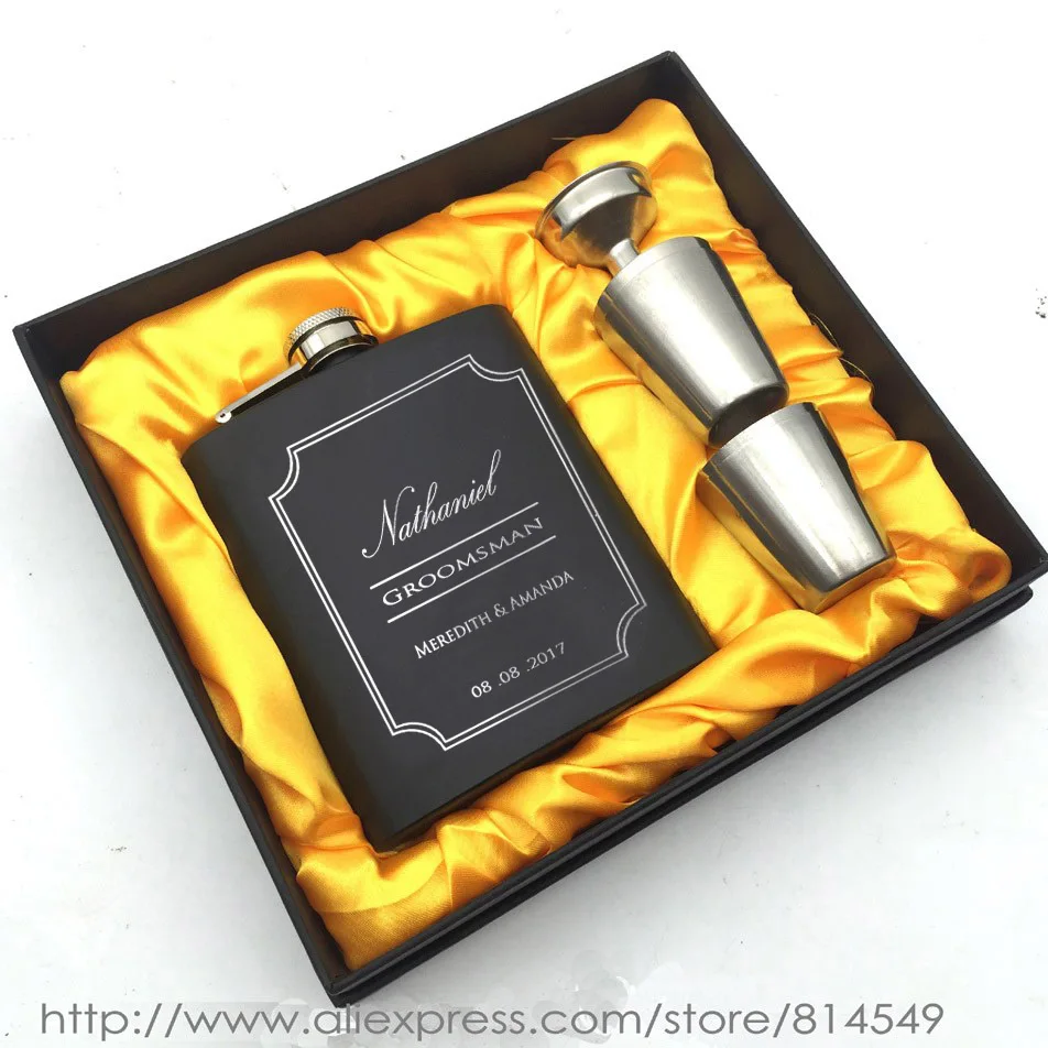 Yellow silk box 018 Персонализированные выгравированы 6 унц. Черный Нержавеющая сталь набор фляжка подарок мужчине для свадьбы, дружки подарок, подарок на день рождения - Цвет: Yellow silk box 018