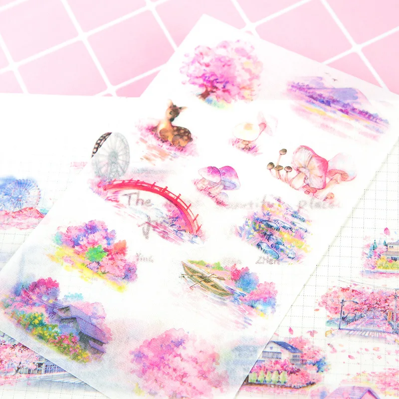 6pcs/pack Romantic Cherry Season Sakura Sticker Korean DIY Scrapbooking Dairy Photo Album Decoration Planner Stationery