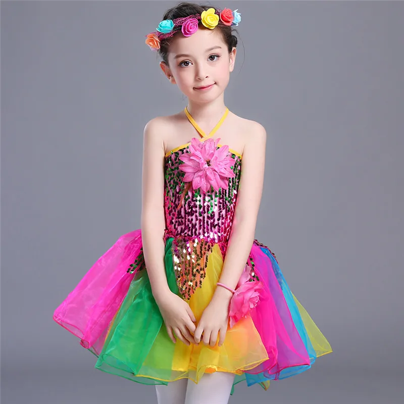 

Child Sequins Jazz Dance Colorful Dress Ballet Costumes For Girls Kindergartens Ballroom Modern Dance Tutu Stage Wear