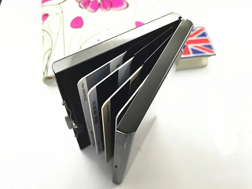 Rfid черный металлический держатель для карт из нержавеющей стали для женщин и мужчин, чехол для кредитных карт из воловьей кожи, бизнес держатели, органайзер, кошелек, кошелек для монет