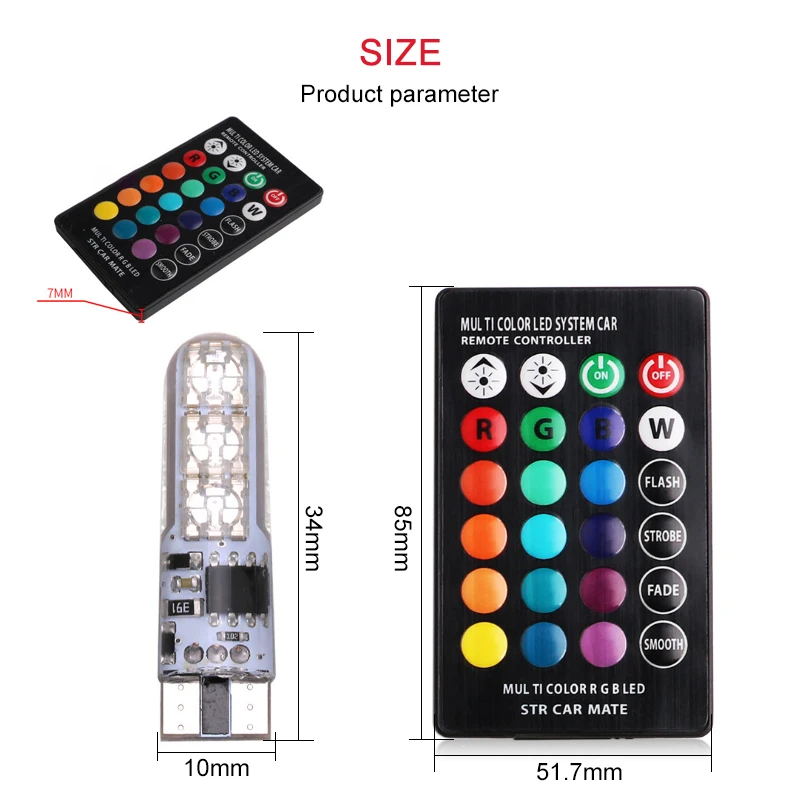 СВЕТОДИОДНЫЙ Автомобильный светильник T10 W5W 2 шт. RGB с дистанционным управлением 194