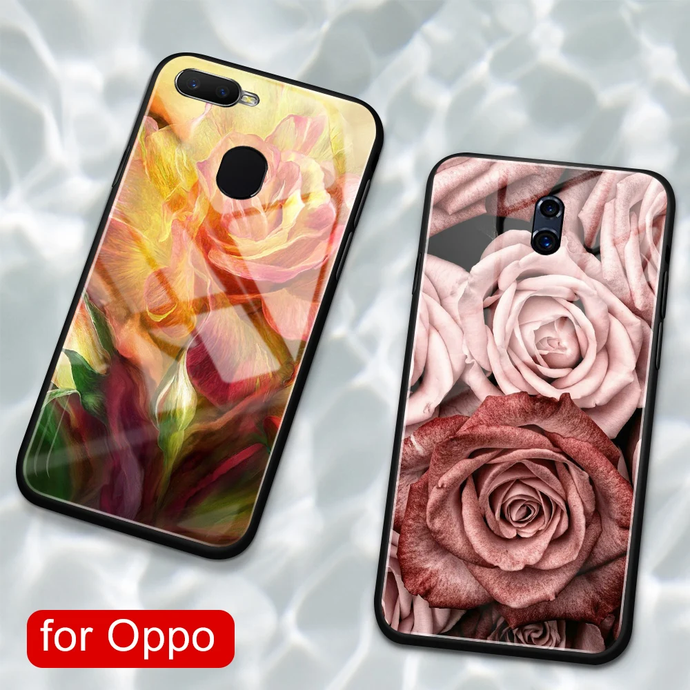 Розовый цветочный чехол для oppo r9 s стеклянная задняя крышка romatic R9 R9S R11 R11S Plus R17 R15 F9