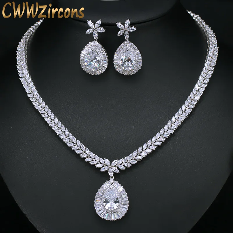 

Perfect Pear Cut White Gold Color Dangle Drop Crystal Women Big Costume Jewelry Sets Cubic Zirconia Necklace For Wedding T278