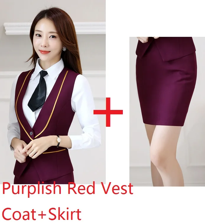 Purplish Red Женские офисные формальные блейзеры осень зима с жилетом и юбкой для женщин пиджак в деловом стиле форменная одежда костюмы плюс размер красный - Цвет: Purplish Red