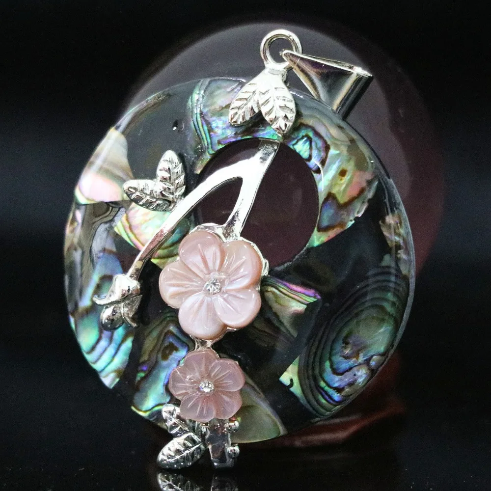 

Newly blue abalone natural shell 40mm round carved pink flower fit necklace fashion pendant accessory B1120
