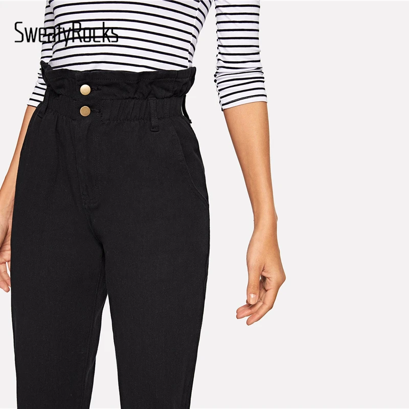 Джинсы SweatyRocks Paperbag с наклонными карманами на талии, уличная одежда, Женские однотонные джинсовые штаны с высокой талией и пуговицами, весенние черные джинсы
