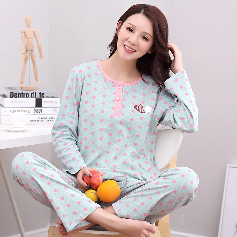 Женские пижамные комплекты весенне осенняя Пижама с круглым вырезом и узором в
