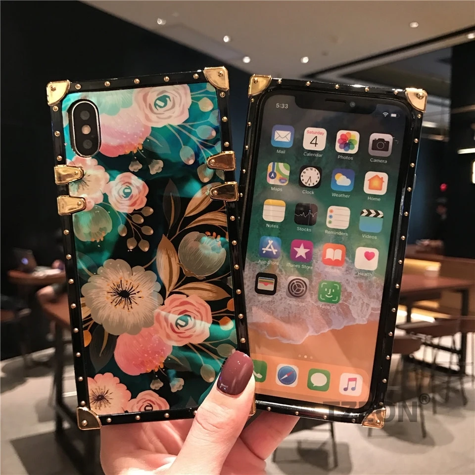 CC Camellia чехол для телефона IPhone XSmax XR XS X 8 8Plus 7 7Plus 6S 6Plus цветочный синий луч квадратный заклепки ретро розетка Крышка