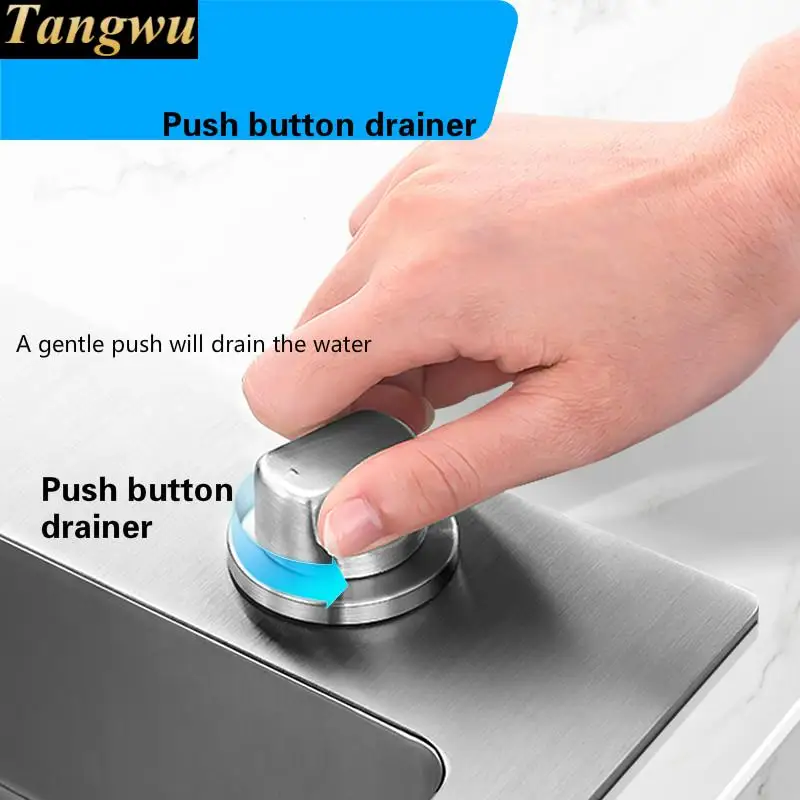Free shipping Apartment luxury push button drainer kitchen manual sink single trough stretch faucet 304 stainless steel 70x41 CM |