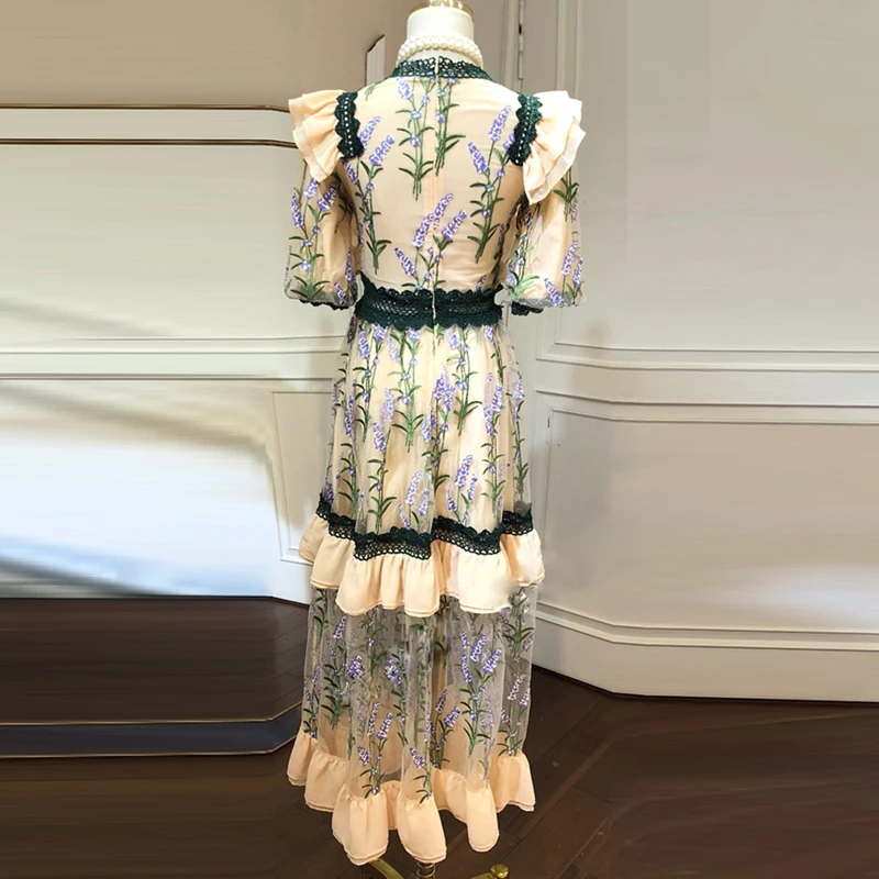 Red RoosaRosee Designer Runway Women Sexy V Neck Elegant Flower Embroidery Luxury Party Dress Lace Midi Mesh Vestidos Robe Femme