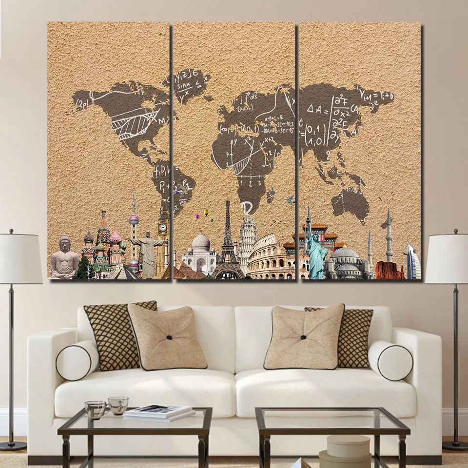 3 панели Холст Живопись винтажная карта мира путешествия HD плакаты и принты холст