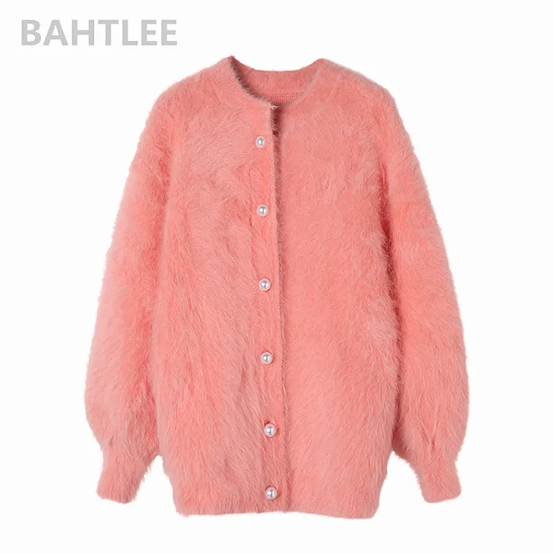 deep pink BAHTLEE зимняя женская обувь из ангоры, кардиганы, свитера, шерстяной вязаный норковый кашемировый свитер с О-образным вырезом с жемчугом и карманами на пуговицах; плотная и теплая одежда - Цвет: deep pink