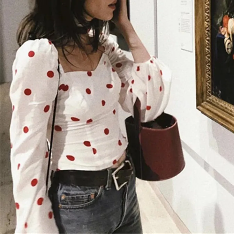 Bazaleas 2018 Spring Women Red Polka Dot Blouse Fashion Full Sleeve square Neck strength Tops blouses |